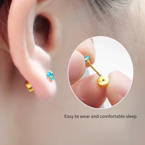 Handmade Tiny Flat Back Stud Earrings: 3 Pairs 14K Gold Plated Screw Flatback 2 3 4mm Cubic Zirconia Earrings Cartilage Piercing Jewelry for Women Helix Tragus Earlobe (3 Pairs-Aquamarine Blue CZ Stud-2/3/4mm) - Thumbnail 4