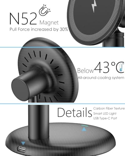 Mag Safe Charger Stand for iPhone 17/Air/16/15/14/13/12,15W Fast Charging,Wireless Charging Pad Compatible with MagSafe Suitable for Desk or Nightstand (No Adapter/Angle Fixed) - Thumbnail 5