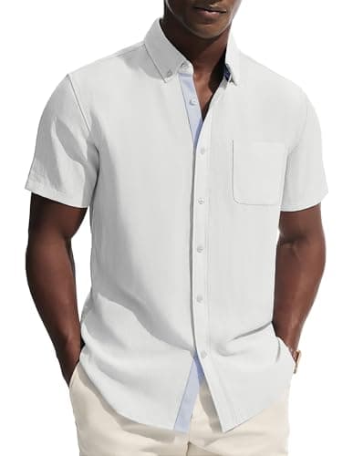 PJ PAUL JONES Mens Button Down Shirt Linen Short Sleeve Dress Shirts for Men Beach Summer Wedding Untucked Shirt White - Image 1
