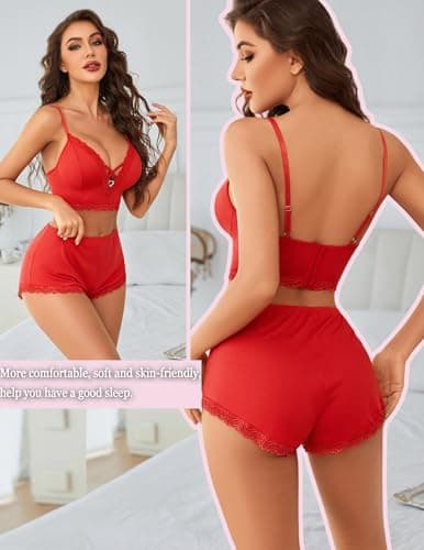 Avidlove Plus Size Lounge Set Womens Pj Set Lace Cami Top Womens Sets 2 Piece Outfits Lingerie Sleepwear Red XXL - Thumbnail 5