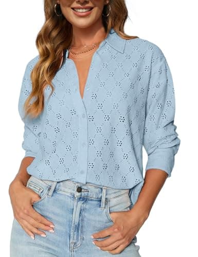 CiCiBird Womens Long Sleeve Button Down Shirts Dressy Casual Lace Blouse Embroidered Tops Spring Summer Fashion Clothes Blue S - Image 1