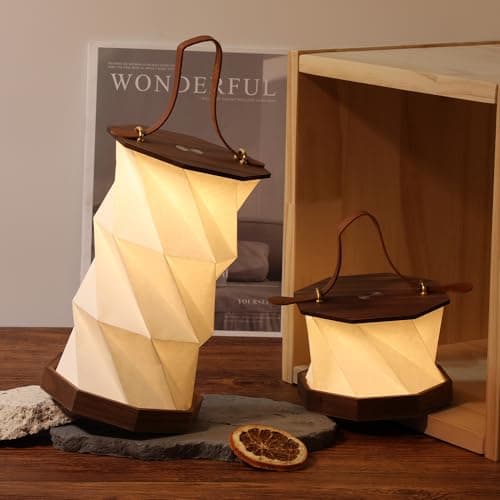 Ba sus Wooden Rotating Table Lamp, Warm Light Design with Leather Handle, Long Press Dimming Function, Built-in Battery & USB Rechargeable, Adjustable Heights for Bedroom, Living Room, Camping - Image 1