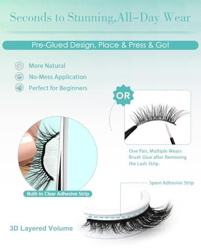 Obeyalash Self Adhesive Eyelashes Natural Look,Waterproof Preglued Lashes,Easy Strip Lashes for Beginners,No Glue Lashes Reusable Stick on Eyelashes for Daily Work & Travel (Cat Eye 12mm M879) - Thumbnail 2