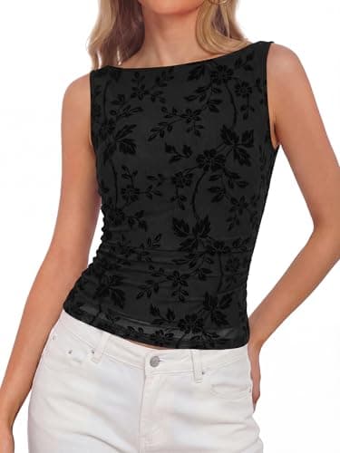 BTFBM Womens Tank Tops 2026 Summer Floral Mesh Sleeveless Boat Neck Slim Fit Shirts Casual Spring Ruched Going Out Top(Black, Medium) - Image 1
