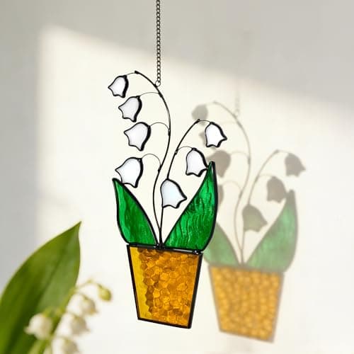 Lily of The Valley Stained Glass Suncatcher - Classic Tiffany Style, 8 Inch Real Handmade Glass with Copper Foil, Natural Black Edged Window Hanging, Gift for Plant Lovers, Mom, Grandma - Image 1