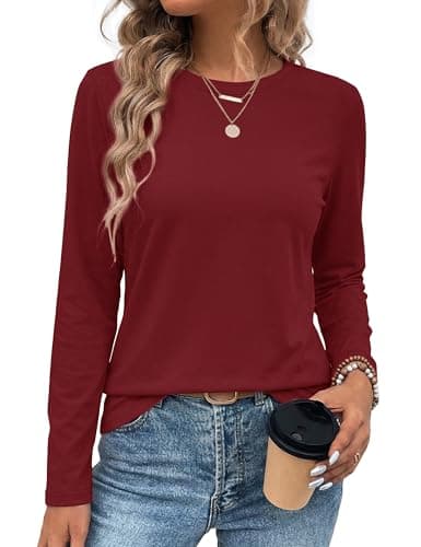 LaGracia Long Sleeve Shirts for Women Cotton Crew Neck Casual Basic Soft Lightweight Long Sleeve T Shirt Tops Trendy Spring Fall Outfits Red S - Image 1
