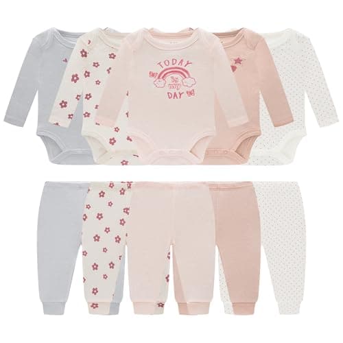 MEYSAHO Baby Newborn Layette 10-Piece Set Cotton Bodysuits Long Sleeve Pants Sets Baby Boys Girls Toddler Unisex Baby Gift Sets Flowers for 6 9 Months - Thumbnail 2