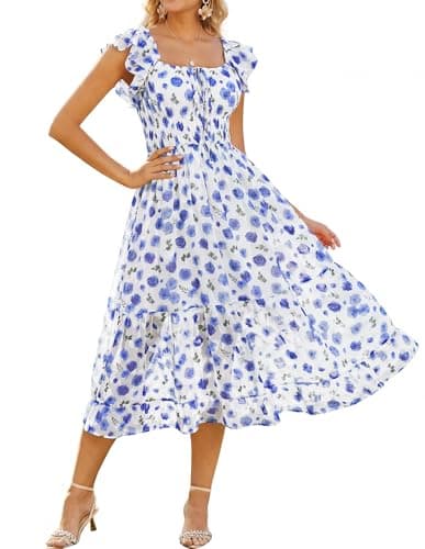 GRACE KARIN 2026 Women's Spring Floral Midi Dress Beach Wedding Guest Dresses Flowy A Line Casual Summer Clothes Blue Floral XL - Image 1