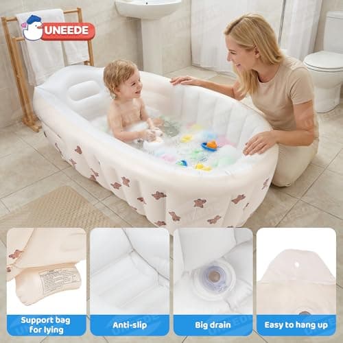 UNEEDE Inflatable Bathtub for Toddlers, Portable Baby Tub with Built-in Air Pump, Anti-Slip Design with Big Drain, Perfect for 0-6 Months Newborn and up, Ideal for Home Travel & Beach - Thumbnail 3