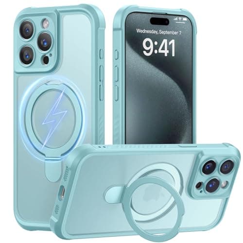 MOCCA Design for iPhone 15 Pro Case with Magnetic Invisible Stand [Full Camera Protection] [Compatible with Magsafe] Military Drop Shockproof Translucent Matte Phone Case Cover 6.1",Blue - Image 1