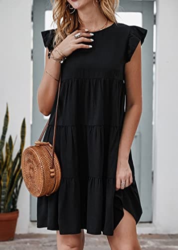KIRUNDO Womens Dresses Summer Casual Sleeveless Ruffle Sleeve Round Neck Black Loose Short Flowy Pleated Mini Babydoll Dress(Black, Medium) - Thumbnail 2