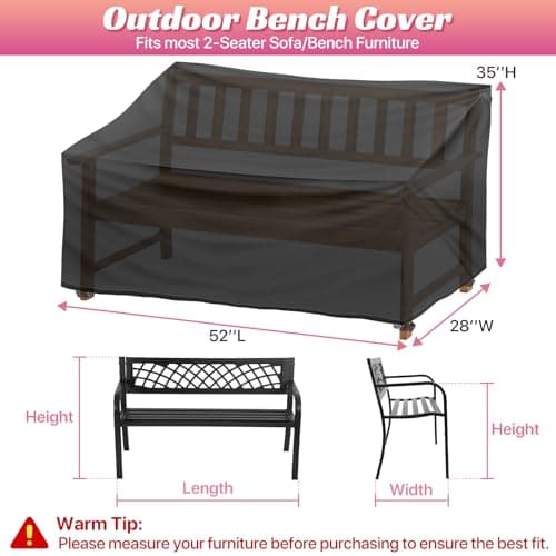 Outdoor Bench Cover 2 Seater Waterproof, 52" W X 28" D X 35" H All Weather Patio Bench Cover for Outside Furniture, Loveseat, Sofa Couch, Bench and Glider, Black - Thumbnail 2