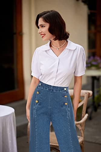 Belle Poque Stretchy Waist Wide Leg Jean for Women Dressy Blue Button Down Work Casual Denim Pants Size 12 Size 14 - Thumbnail 2