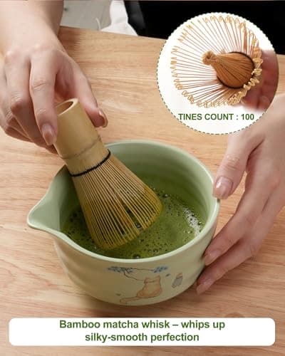 Matcha Whisk Set, Ceramic Matcha Set Includes Matcha Bowl, Matcha Whisk and Holder, Bamboo Scoop, Scoop Rest, Sifter and Tea Towel - 7 Pcs Matcha Kit(Green) - Thumbnail 4