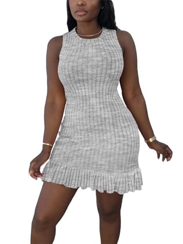 STOLKISS Women Summer Tank Dresses Sleeveless Crew Neck Basic Bodycon Mini Dress Casual Ribbed Knit with Ruffle Hem Sexy 2026 Light Grey - Image 1