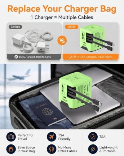 W & O Fast Charger for iPhone17/16/15,60W gan Charger,Retractable Phone Charger Wall Plug with Lightening and Type-C Cables,for iPhone Series, Galaxy S25/24,Android and More（Green） - Thumbnail 5