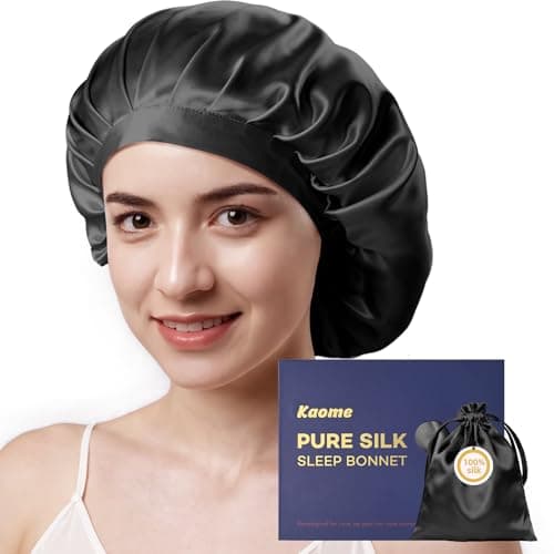 Kaome 100% Mulberry Silk Bonnet for Sleeping Women, 22 Momme Double Layer Silk Hair Wrap, Non-Slip Sleep Cap with Adjustable Elastic Band for Long Curly Hair Care, Comfortable and Breathable, Black - Image 1