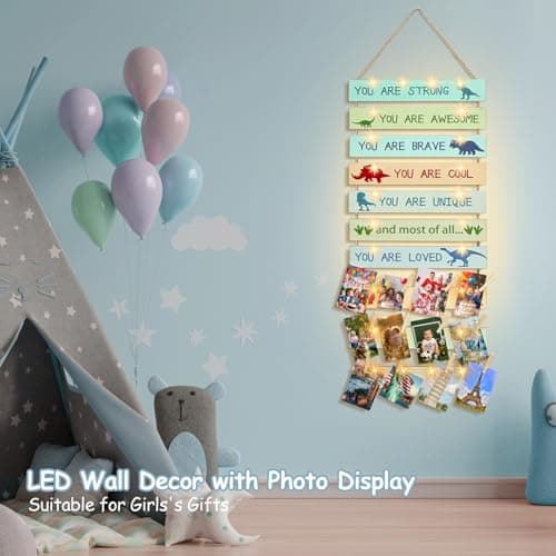 Homecor Rustic Wooden Photo Display with Lights, 12 Clip Hanging Picture Collage Wall Decor for Teen Girls Boys Bedroom, Inspirational Memo Board with String Lights for Birthday Gifts - Thumbnail 6