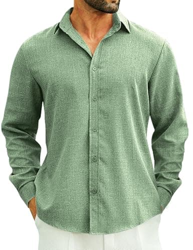 LETSEE Men's Linen Blend Button Down Shirt – Lightweight Long Sleeve Casual Shirt for Beach, Vacation & Wedding Green - Image 1