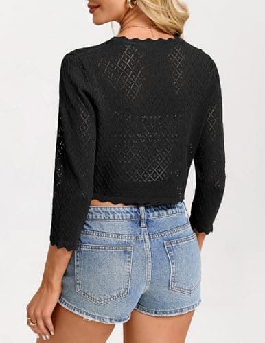 GRACE KARIN Womens Fashion Bolero Shrug 3/4 Sleeve Crochet Cropped Cardigan Open Front Knit Shrugs for Dresses(Black,2XL) - Thumbnail 5