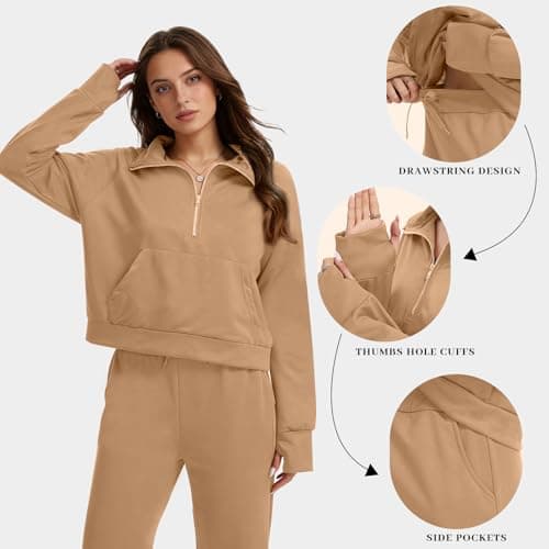 Anyshe Women's 2 Piece Sweatsuit Set Lounge Set Half Zip Sweatshirt with Kangaroo Pocket Thumb Holes Wide Leg Drawstring Pants Casual Tracksuit for Travel Daily Wear, Khaki, X-Large - Thumbnail 5