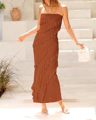 BTFBM Women Summer Elegant Strapless Midi Ruched Bodycon Dress Solid Color Stretch Mesh Slim Party Cocktail Dresses - Thumbnail 6