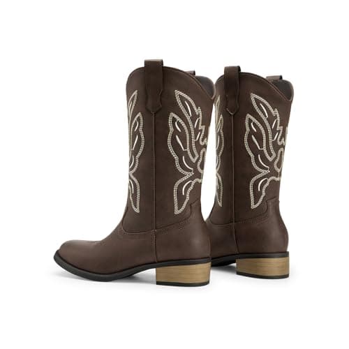 Athlefit Cowboy Cowgirl Boots for Women Mid Calf Square Toe Comfortable Slip On Chunky Low Heel Embroidery Mid Calf Boots Dark Brown Size 7,SAMB2605W - Thumbnail 5