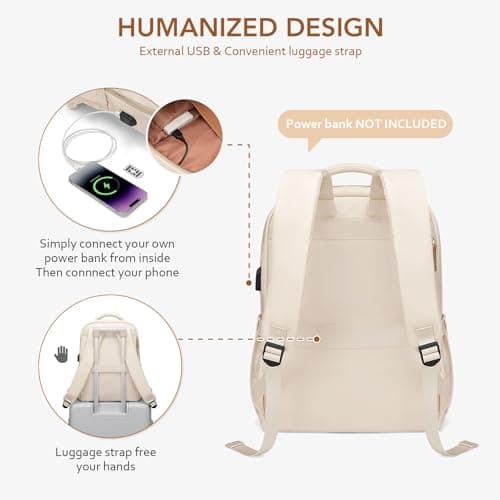 MDODO Laptop Backpack for Women,Travel Backpack with Laptop Compartment,Casual Daypack College Bookbag Computer Work Backpack,15.6 inch,Beige - Thumbnail 6