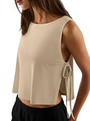 LASLULU Women's Loose Sleeveless Workout Tank Tops Side Tie Sports Gym Running Yoga Exercise Pilates Top Athletic Shirts Tank Tops for Women (Khaki,Small) - Image 1