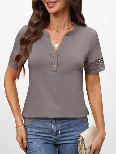 ANRABESS Womens Short Sleeve Tops Henley V Neck Blouses Dressy Casual 2026 Summer Trendy Tee Shirts Work Business Outfits Gray Taupe Small - Thumbnail 5