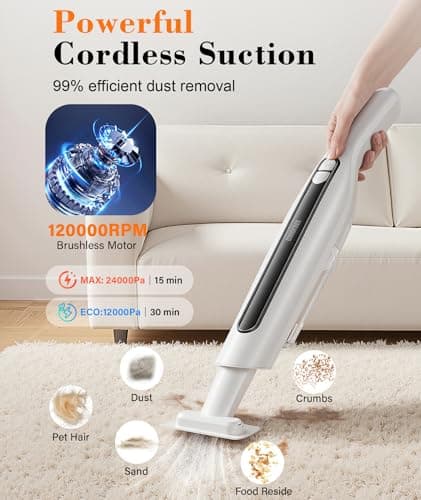 CUIOFREE Handheld Vacuum Cordless,24KPA High Power Car Vacuum with Brushless Motor,LED Light,Charging Dock,Rechargeable Hand Held Vacuum Cleaner with Reusable Filter for Car,Home,Office,Pet Pair,White - Thumbnail 2