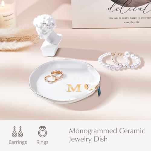 ProCase Ceramic Jewelry Tray, Initial Ring Dish Trinket Plate Engagement Gift, Small Personalized Monogram Ring Bowl for Wedding, White Decorative Jewelry Holder for Women Vanity -Letter M - Thumbnail 2
