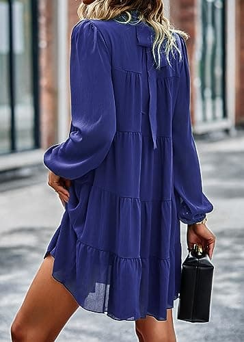 KIRUNDO Long Sleeve Baby Doll Dresses Women 2026 Casual Summer Fall Ruffle Mock Neck Tiered Mini Flowy Swing Shift Dress(Blue, Small) - Thumbnail 5