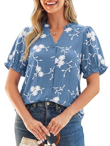 Simplee Womens Button Down Puff Ruffle Short Sleeve Blouse Tops V Neck Summer Embroidered Dressy Casual Shirts Slate Blue M - Image 1