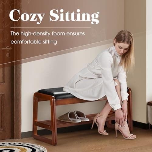 HABUTWAY Solid Wood Shoe Rack, Entryway Shoe Bench with Cushion, 2 Tier Shoes Organizer for Entryway, Hallway, Living Room-(Black,31.5"-M) - Thumbnail 3