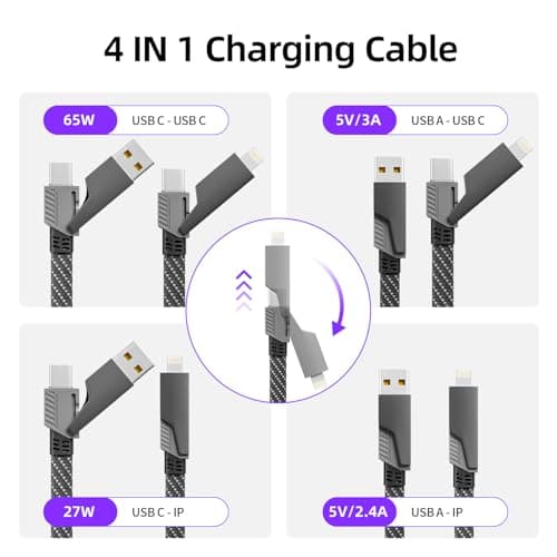 Firsting 4 in 1 Charging Cable 65W, USB C Cable Fast Charger Cord with E-Mark Chip, USB A/C to C/Lightning Cable, Multi iPhone Charger Cord for iPhone16/15/14/13 Series/Phones/Pads and Laptop - Thumbnail 2