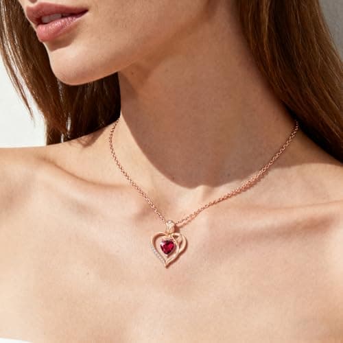 JACUPO Heart Birthstone Rose Gold Necklace for Women(Rose Gold-01/07-Ruby) - Thumbnail 5
