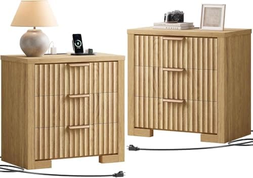 HOTALLOY Fluted Nightstand Set of 2, 24'' Wide Side Table with Charging Station, Modern Night Stand with Metal Handle, Wooden Bedside End Table for Bedroom, Living Room, Office, Natural Oak - Image 1