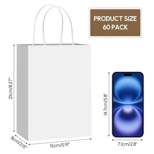 Qioxiou 60 Pack White Gift Bags 5.91x3.15x8.27 Small Kraft Paper Gift Bags with Handles Bulk, White Paper Sacks for Wedding Birthday Party Favor, Retail, Merchandise, Small Grocery, Shopping, Business - Thumbnail 2
