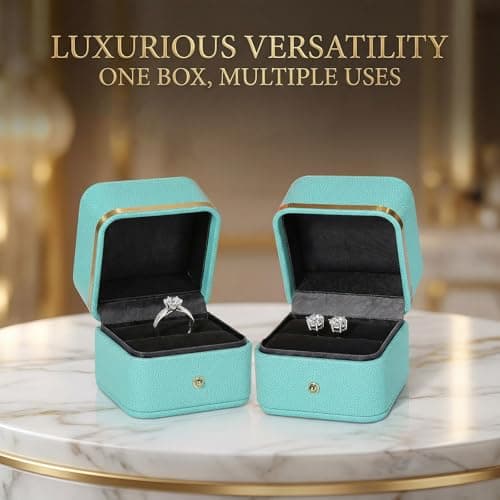 HYLYLEED Elegant Ring Box Premium Leather Engagement Ring Box Jewelry Gift Box for Wedding Proposal Velvet Interior Stud Earrings Case, Light Blue - Thumbnail 3