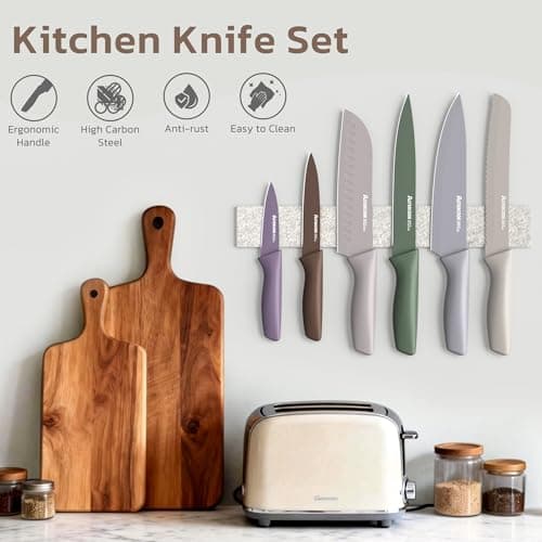 Astercook Knife Set, 13 Pieces Kitchen Knives Set with Healthy Anti-Rust Coating, Dishwasher Safe, Stainless Steel Chef Knife Sets with 6 Blade Guards, Perfect Holiday Gifts for Kitchen Morandi - Thumbnail 4