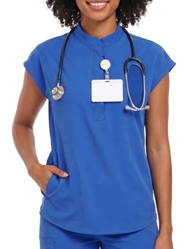 VECARDI Women's Scrub Top Zip Front Stretch Short Sleeve Nurse Uniform Shirt with Pockets Badge Loop Royal Blue - Image 1