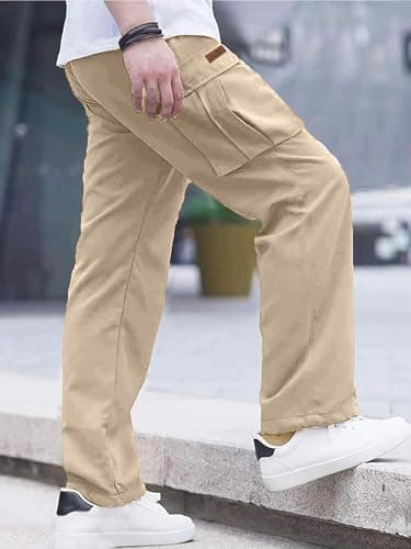 Comdecevis Men's Casual Cargo Pants Workout Joggers Stretch Sweatpants Hiking Drawstring Tactical Pants with Multi Pockets Light Khaki - Thumbnail 3