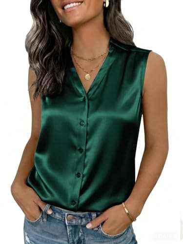 Funlingo Silk Blouses for Women Sleeveless Satin Business Casual Tops Sexy V Neck Work Shirts 2026 Summer Fashion Going Out Clothes Dark Green L - Image 1