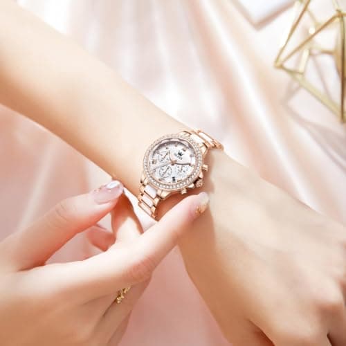 OLEVS Women's Rose Gold Watch Waterproof Ceramic Stainless Steel Band Luxury White Mother of Pearl Dial Chronograph Elegant Ladies Watches Quartz Diamond Accents Luminous Dress Watch Gift for Women - Thumbnail 3