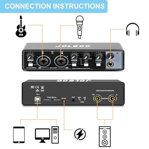 Jolgoo 2x2 USB Audio Interface, 24-Bit/192kHz Professional Audio Interface for Recording, Streaming and Podcasting, with +48V Phantom Power, Low Latency, Works with Mac/PC/Smartphone - Thumbnail 2