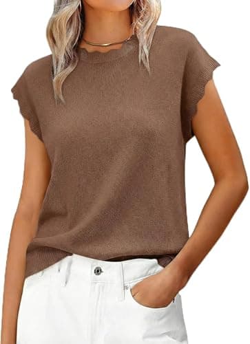 Jenisso Women Summer Sweater Cap Sleeve Lightweight Pullover Soft Knit Top with Scallop Wavy(Coffee,XL) - Image 1