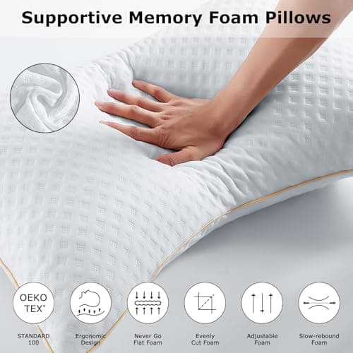 Sofslee King Size Pillows Set of 2 for Neck and Shoulder Pain, Adjustable Firmness Shredded Memory Foam Pillow King for Side Sleeper, Cooling Curved Kingsize Pillows with Washable Cover - Thumbnail 3