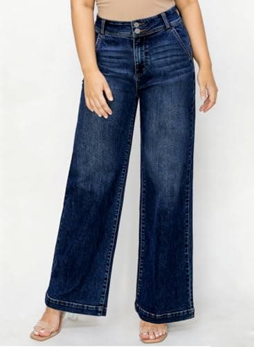 Eytino Plus Size Jeans,High Waisted Wide Leg Stretchy Denim Pants,Size-Inclusive Juniors Girls Womens Jeans,Sizes 14W to 32W,5X Dirty Blue - Thumbnail 4