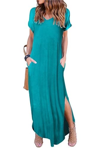 Camdoria Teal Maxi Dress for Women Summer Loose Casual Short Sleeves V Neck Flowy Long Dresses Split Sundress with Pockets Medium - Image 1